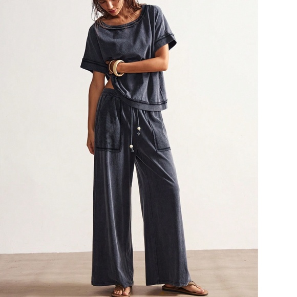 Mineral Wash Star Patch Short Sleeve Loose fit Top Wide Leg Pants set - Picture 1 of 7